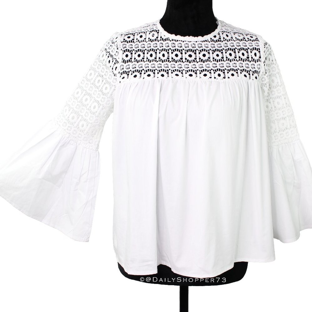 Endless Rose Women's White Lace Yoke Keyhole Back Bell Sleeve Blouse